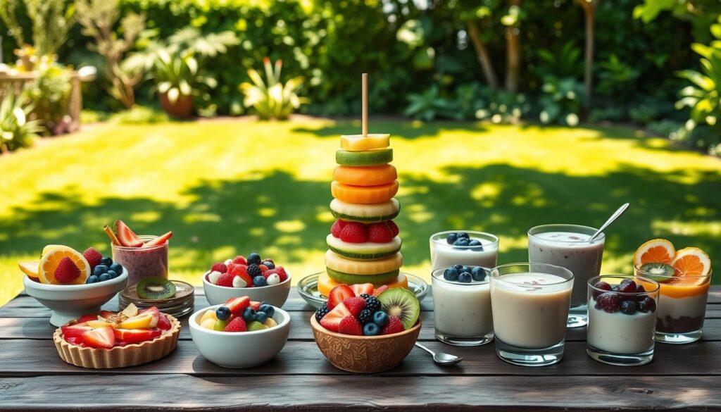 A vibrant brunch spread on a wooden table in a sunny garden. Fresh fruit bowls, colorful smoothies, yogurts, and a tall fruit stack create a lively, inviting scene.
