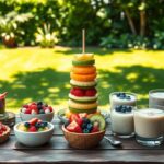 A vibrant brunch spread on a wooden table in a sunny garden. Fresh fruit bowls, colorful smoothies, yogurts, and a tall fruit stack create a lively, inviting scene.