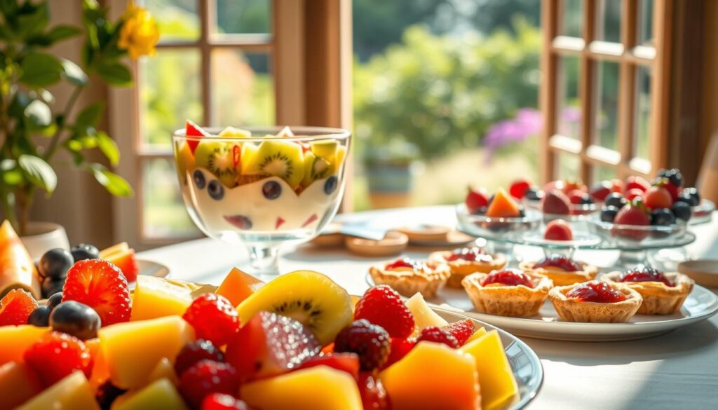 A sunlit table with a vibrant fruit salad in a glass bowl, fresh fruit tarts, and a plate of assorted fruits, evoking a cheerful, summery tone.
