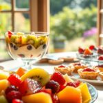 A sunlit table with a vibrant fruit salad in a glass bowl, fresh fruit tarts, and a plate of assorted fruits, evoking a cheerful, summery tone.