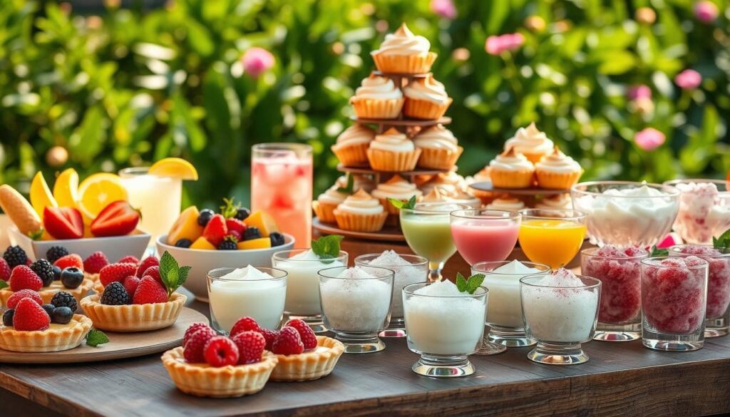 A vibrant outdoor dessert table features colorful tarts topped with berries, creamy desserts in glasses, cupcakes with frosting, set against lush greenery.
