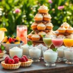 A vibrant outdoor dessert table features colorful tarts topped with berries, creamy desserts in glasses, cupcakes with frosting, set against lush greenery.
