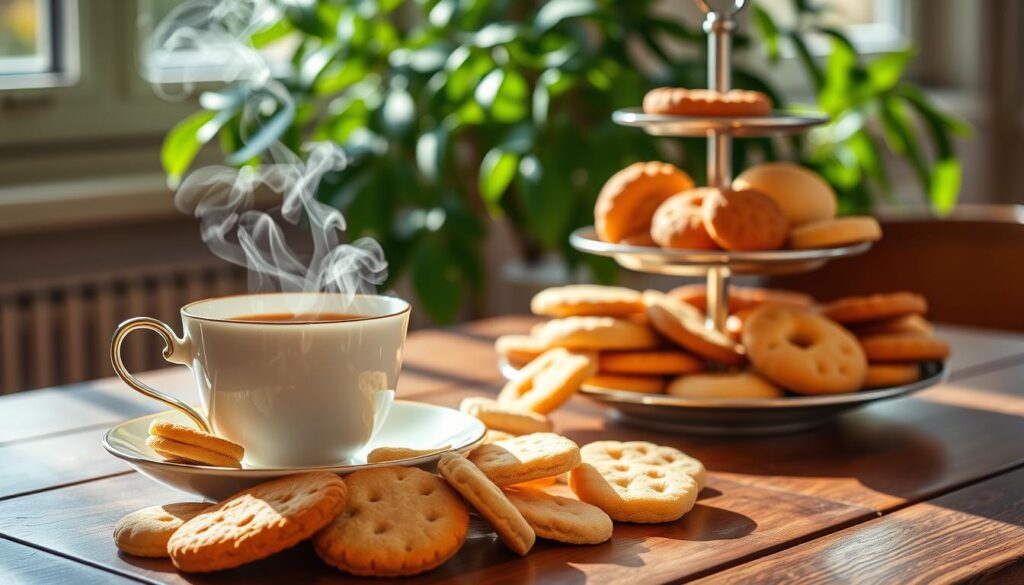 A beautifully arranged tea service with a selection of exquisite British biscuits on a wooden table, bathed in warm, natural lighting. In the foreground, a delicate china teacup and saucer, steam curling from the fragrant brew. Surrounding it, a variety of biscuits - crumbly shortbread, buttery digestives, and crisp, golden Hob Nobs. In the middle ground, a tiered serving tray holding an assortment of biscuit varieties, each perfectly complementing the different tea blends. In the background, a lush, green plant adds a touch of freshness, and the image is imbued with a cozy, inviting atmosphere.