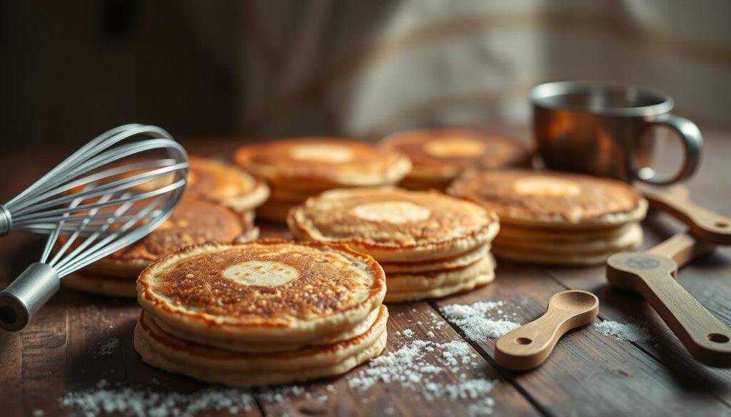 A beautifully lit close-up shot of an array of homemade flapjacks arranged on a rustic wooden table, their golden-brown surfaces glistening with a light caramelized crust. Scattered around the flapjacks are the essential tools of the trade - a whisk, a wooden spoon, and a measuring cup, all cast in a warm, soft light. The background is blurred, creating a focus on the delectable flapjacks and the simple, essential equipment needed to create them. The overall mood is one of cozy, homemade comfort, inviting the viewer to imagine the satisfying process of preparing this classic recipe without the use of golden syrup.