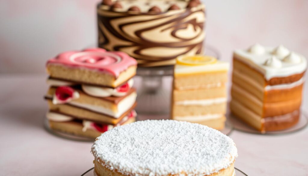 A beautifully lit display of various Victoria Sponge Cake variations, set against a soft, pastel-colored background. In the foreground, a classic Victoria Sponge Cake with its distinct layers of light sponge, sweet cream filling, and a dusting of powdered sugar. Surrounding it, a delightful array of creative interpretations, including a raspberry-swirled version, a chocolate-infused cake with silky ganache, and a zesty lemon cake with a tangy citrus glaze. The cakes are arranged in an aesthetically pleasing manner, highlighting their delicate textures and inviting the viewer to imagine their delicious flavors. The scene is captured with a shallow depth of field, creating a sense of focus and emphasis on the subject matter.