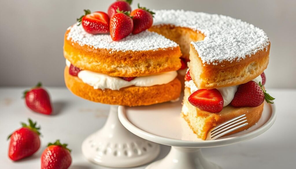 A beautifully lit, high-resolution close-up photograph of a fresh, homemade Victoria sponge cake, its layers meticulously assembled and gently dusted with powdered sugar. The cake is artfully presented on a vintage white porcelain cake stand, with a silver fork resting alongside, inviting the viewer to take a bite of the classic British treat. The lighting is soft and natural, accentuating the cake's golden sponge and the vibrant colors of the fresh strawberries and whipped cream filling. The background is a neutral, minimalist setting, allowing the cake to be the star of the scene.