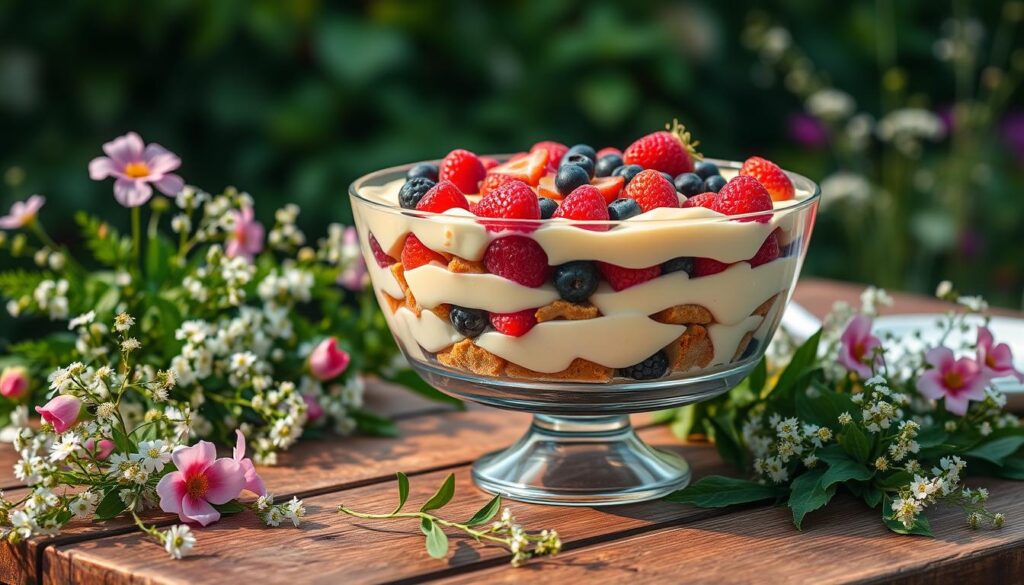 A beautifully presented trifle dessert on a rustic wooden table, surrounded by lush greenery and delicate flowers. The layered dessert features rich custard, vibrant berries, and soft sponge cake, artfully arranged in a clear glass serving dish. Warm, natural lighting casts a soft glow, highlighting the intricate textures and vibrant colors. The scene evokes a sense of elegance and celebration, perfect for a British garden party. The trifle is the centerpiece, inviting guests to indulge in this classic, indulgent treat.