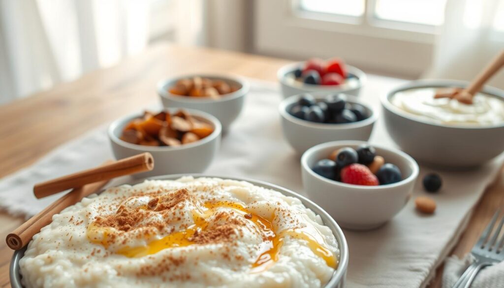 A beautifully styled still life showcasing a variety of rice pudding flavors. In the foreground, a traditional creamy rice pudding topped with cinnamon and a drizzle of honey. In the middle ground, small bowls containing creative flavor variations - one with chopped dried apricots and toasted almonds, another with fresh berries and a sprinkle of nutmeg. In the background, a wooden table with a linen tablecloth, creating a warm, cozy atmosphere. Soft, natural lighting from a nearby window illuminates the scene, highlighting the textures and colors of the different rice puddings. The composition is balanced and visually appealing, inviting the viewer to imagine the delicious taste of these creative rice pudding recipes.