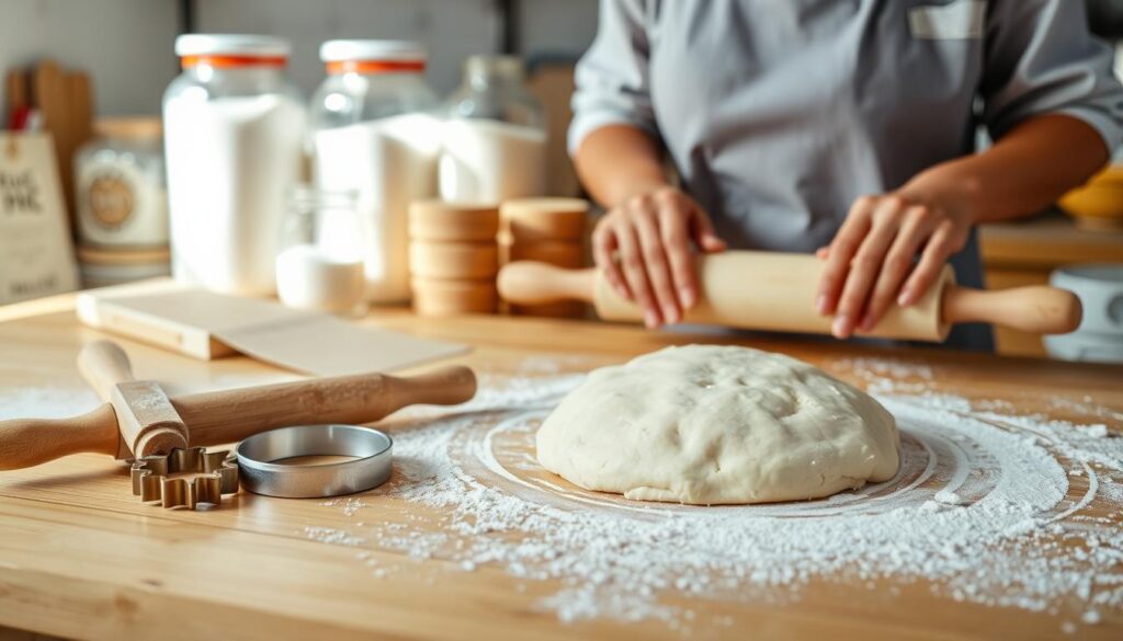 A bright, well-lit kitchen counter with a wooden surface. In the foreground, a pile of freshly kneaded shortcrust pastry dough sits on a lightly floured surface. Beside it, a rolling pin, a pastry brush, and a round cookie cutter are neatly arranged. In the middle ground, a chef's hands are gently rolling out the dough, creating an even, thin sheet. The background features jars of flour, sugar, and other baking ingredients, with a few cookbooks or recipe cards visible. The scene conveys a sense of precise, deliberate preparation, with a warm, inviting atmosphere perfect for crafting the perfect shortcrust pastry.