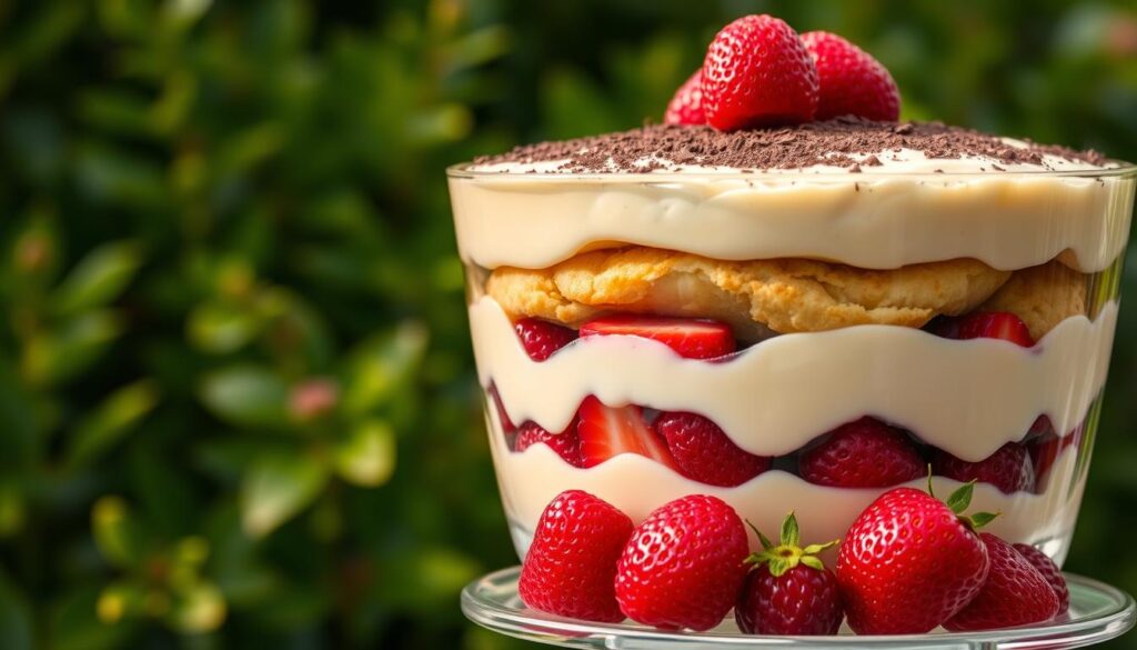 A classic English trifle, a delightful layered dessert, stands tall on a pedestal. In the foreground, ruby-red raspberries and juicy strawberries glisten under a soft, golden light, their vibrant colors contrasting with the creamy custard below. The middle layer features delicate sponge cake soaked in sherry, its fluffy texture complementing the smooth custard. In the background, a dusting of grated dark chocolate adds depth and richness to the composition. The entire creation is presented against a backdrop of lush, verdant greenery, evoking the essence of an English garden party. The mood is one of indulgence, tradition, and the comforting flavors of a quintessential British dessert.