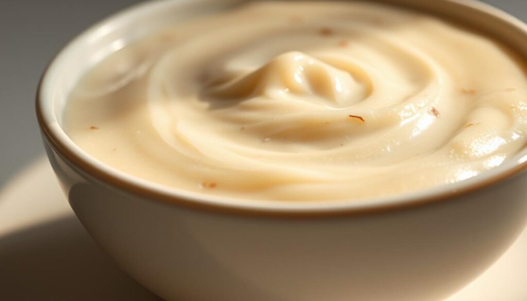 A close-up, high-resolution shot of a bowl filled with creamy, gently swirling rice pudding. The pudding has a soft, velvety texture, with a rich, ivory-colored hue. Specks of vanilla bean are visible throughout, adding depth and complexity to the flavor. The surface is slightly glossy, reflecting the warm, mellow lighting that bathes the scene. The bowl is positioned on a clean, white surface, allowing the pudding to be the sole focus. Soft shadows create a sense of depth and dimension, while the overall mood is one of comfort, indulgence, and culinary mastery.