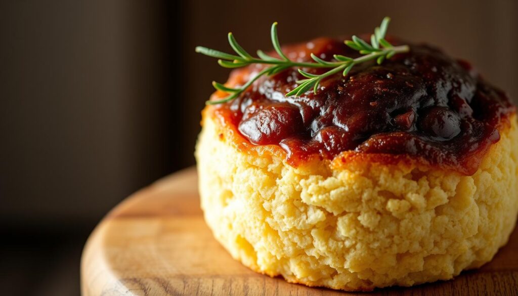 A close-up photograph of a pudding with a spotted sponge cake texture, sitting on a wooden table. The pudding is garnished with a sprig of fresh thyme, casting a warm, natural glow under soft, diffused lighting. The background is slightly blurred, showcasing the simple, rustic setting that evokes the homemade, comforting nature of the dish. The image conveys the classic, traditional appeal of this iconic British dessert, ready to be enjoyed or preserved for later.
