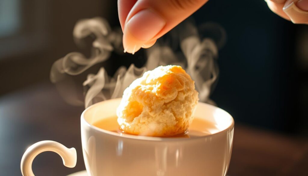 A close-up shot of a hand gently lowering a freshly baked biscuit into a steaming cup of tea, the liquid lapping at the edge as the biscuit begins to soak up the aromatic brew. The scene is illuminated by soft, natural lighting that casts a warm, inviting glow, drawing the viewer's attention to the subtle textures of the biscuit's golden-brown surface and the delicate dance between the biscuit and the tea. The background is blurred, keeping the focus on the captivating biscuit dunking technique in the foreground.