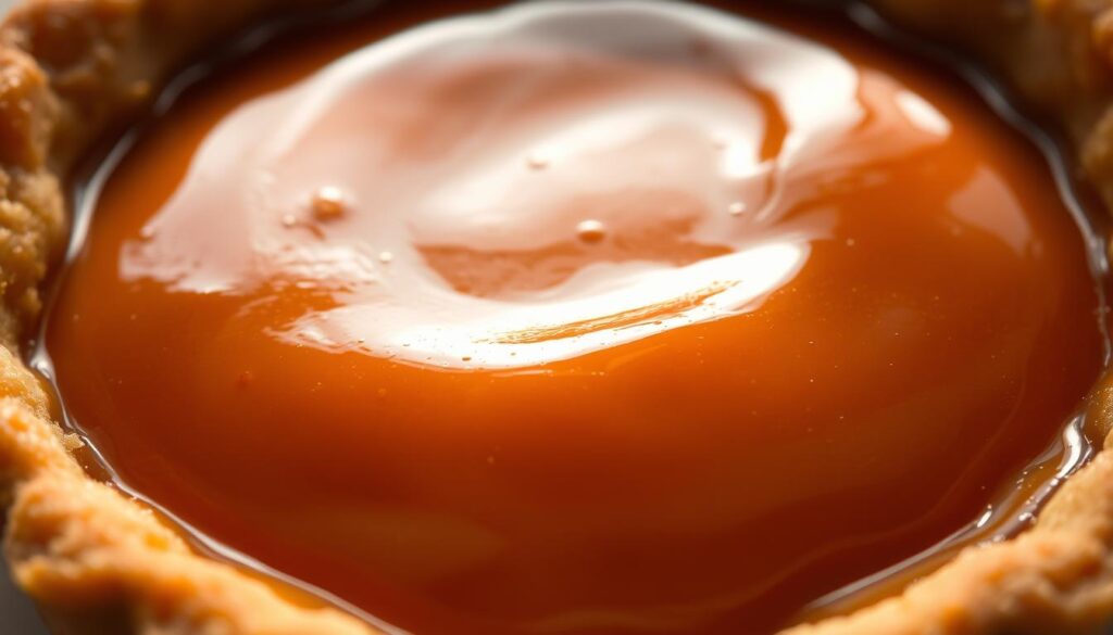 A close-up view of a classic treacle tart filling, with a smooth, glossy texture and a rich, amber hue. The filling is nestled in a shallow, flaky pastry shell, casting soft shadows on the surface. Subtle highlights dance across the surface, creating a captivating interplay of light and dark. The composition is framed to emphasize the filling's luxurious, velvety appearance, inviting the viewer to imagine the decadent flavor and aroma. The lighting is soft and diffused, creating a warm, inviting atmosphere that evokes the comforting nostalgia of a traditional British dessert.