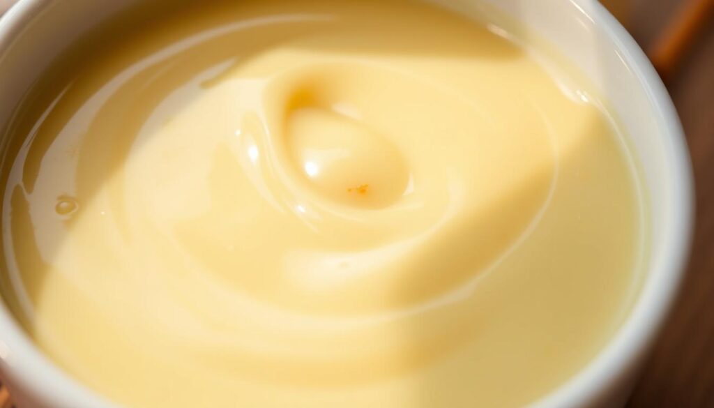 A close-up view of a freshly made custard sauce, glistening with a rich, creamy texture. The sauce is swirling in a white ceramic bowl, with hints of vanilla and cinnamon wafting from the surface. Soft, natural lighting illuminates the scene, casting subtle shadows that accentuate the smooth, velvety consistency of the custard. The background is blurred, allowing the viewer to focus solely on the captivating details of the custard itself, perfectly capturing the essence of a homemade, traditional custard sauce recipe.