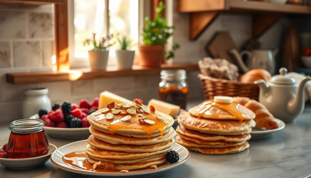 A cozy kitchen counter displaying an assortment of flapjack pairings. In the foreground, a stack of fluffy golden flapjacks, drizzled with honey and sprinkled with toasted almonds. Beside them, a small pitcher of maple syrup and a dish of fresh berries. In the middle ground, a glass jar filled with homemade jam, a wedge of creamy brie, and a basket of warm croissants. The background features a rustic wooden shelf, adorned with potted herbs and a vintage tea kettle, bathed in soft, natural lighting from a nearby window. The overall scene conveys a sense of comfort, warmth, and the perfect accompaniments to savor a delightful flapjack feast.