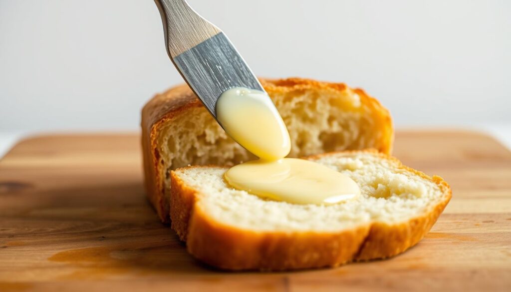 A crisp, warm slice of freshly baked bread rests on a wooden cutting board, awaiting the gentle caress of a gleaming butter knife. The knife glides effortlessly through the soft, golden crumb, leaving behind a trail of creamy, melted butter that glistens in the soft, natural lighting. The scene is framed by a neutral, minimalist background, allowing the simple, everyday act of bread preparation to take center stage, conveying a sense of comfort and culinary expertise. The resulting image captures the essence of the "Preparing the Bread" section, perfectly illustrating the foundational step of this delectable Bread and Butter Pudding recipe.