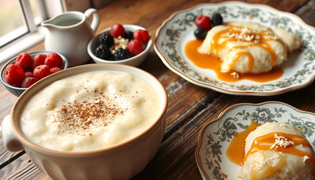 A delectable display of UK-style rice pudding served in various tempting ways. In the foreground, a ceramic bowl brimming with creamy, vanilla-scented pudding, garnished with a sprinkle of ground cinnamon. Surrounding it, a selection of enticing accompaniments: a small pitcher of chilled pouring cream, a dish of ripe, juicy berries, and a sprinkling of toasted coconut flakes. In the middle ground, a vintage-inspired porcelain plate showcases a portion of the pudding, drizzled with a caramel sauce and dusted with a hint of nutmeg. In the background, a rustic wooden surface, softly lit by natural daylight filtering through a window, creates a cozy, inviting atmosphere.