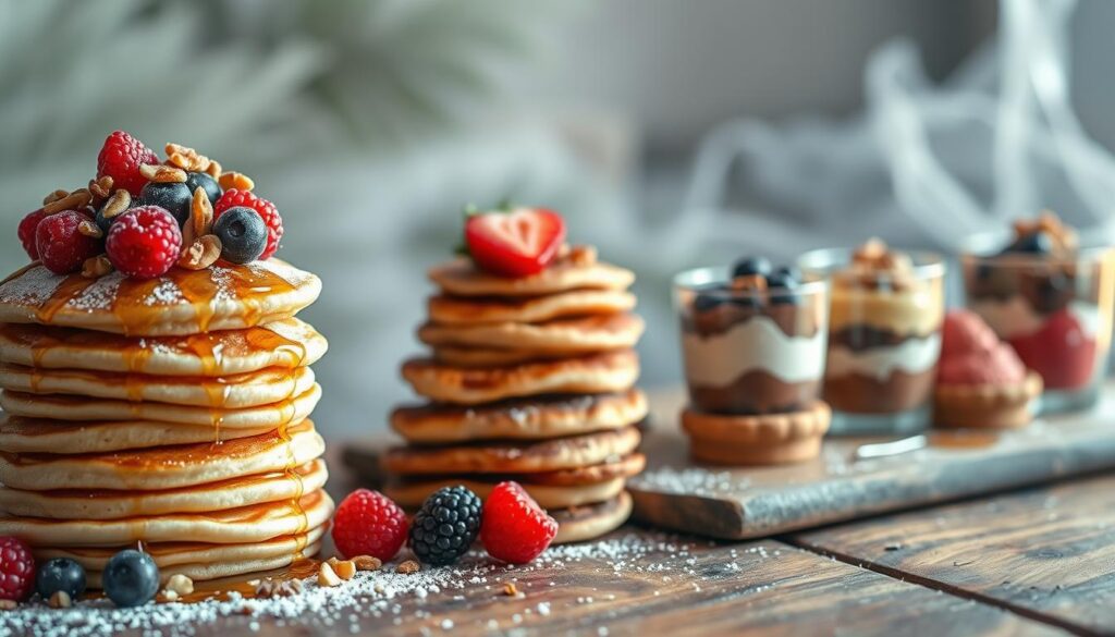 A delectable display of flapjack variations, showcased in a dreamy, soft-focus setting. In the foreground, a stack of fluffy, golden flapjacks, adorned with an array of mouthwatering toppings - fresh berries, drizzles of maple syrup, dusts of powdered sugar, and a sprinkling of toasted nuts. The middle ground features an assortment of flapjack-inspired treats, such as mini flapjack bites and flapjack-inspired parfaits, all presented on a rustic wooden surface. The background is hazy and ethereal, with a hint of natural light filtering through, creating a cozy and inviting atmosphere. The overall scene exudes a sense of comfort, indulgence, and culinary creativity, perfectly capturing the essence of delicious flapjack variations.