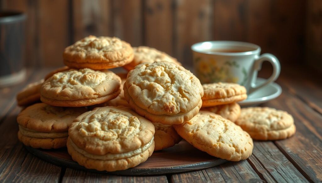 A delightful assortment of classic British tea biscuits, arranged on a rustic wooden table against a backdrop of soft, warm lighting. The biscuits, meticulously crafted with golden-brown crusts and flaky textures, beckoning to be dunked into a steaming cup of tea. The scene evokes a cozy, inviting atmosphere, perfect for an afternoon respite with friends or a quiet moment of solace. Captured with a crisp, high-resolution lens, the image highlights the intricate details and natural imperfections that make these biscuits so charming and irresistible.