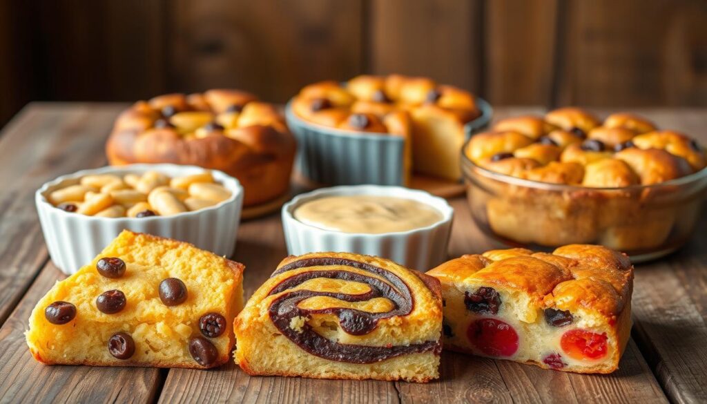 A delightful assortment of freshly baked bread and butter pudding variations takes center stage, artfully presented on a rustic wooden table. In the foreground, slices of classic golden-brown bread and butter pudding, dotted with plump raisins, sit alongside a decadent chocolate-swirled version and a vibrant fruit-studded creation. In the middle ground, an exquisite bread pudding with a caramelized top rests alongside a creamy, vanilla-infused custard sauce. The background is filled with a warm, cozy ambiance, with natural lighting casting a soft, inviting glow over the entire scene, highlighting the rich, comforting textures and flavors of these delectable treats.