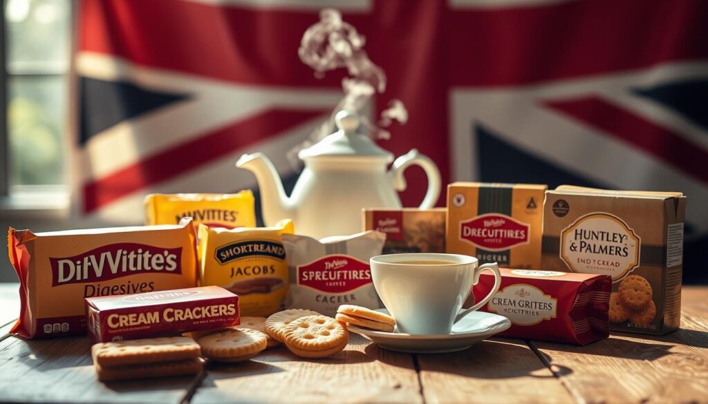 A delightful display of iconic British biscuit brands, artfully arranged on a rustic wooden table. In the foreground, an array of classic teatime favorites such as McVitie's Digestives, Jacobs Cream Crackers, and Huntley & Palmers shortbread, bathed in warm, natural light. In the middle ground, a steaming teapot and elegant bone china teacup, hinting at the perfect pairing for these timeless treats. The background features a softly blurred Union Jack flag, subtly evoking the quintessential British ambiance. The overall composition exudes a cozy, inviting atmosphere, capturing the essence of an authentic British tea experience.