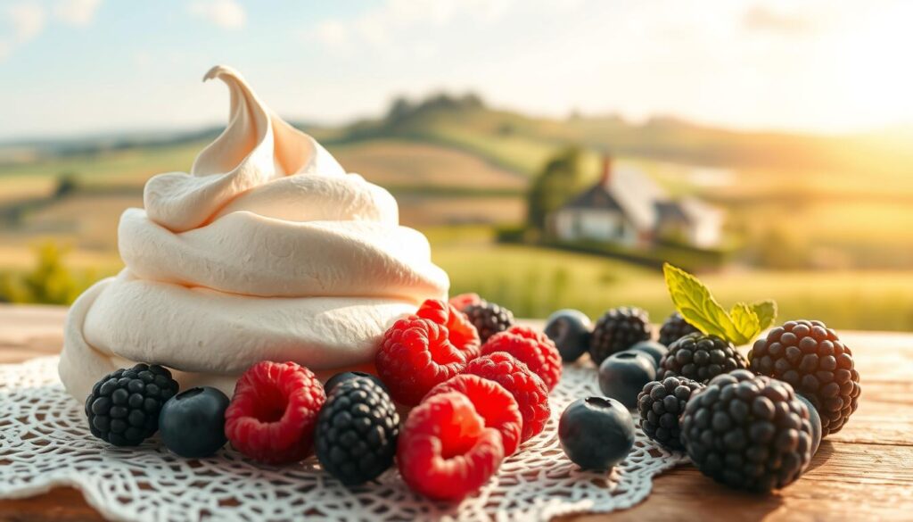 A dreamy, soft-focus scene depicting the origins of the iconic Pavlova dessert. In the foreground, a delicate meringue shell rests atop a lace doily, surrounded by an array of fresh summer berries - plump raspberries, juicy blackberries, and glistening blueberries. In the middle ground, a picturesque countryside landscape unfolds, with rolling hills, lush greenery, and a quaint cottage nestled in the distance. The scene is bathed in warm, golden natural lighting, creating a nostalgic, vintage-inspired atmosphere. The overall composition evokes a sense of timelessness and the rich cultural heritage behind this beloved dessert.