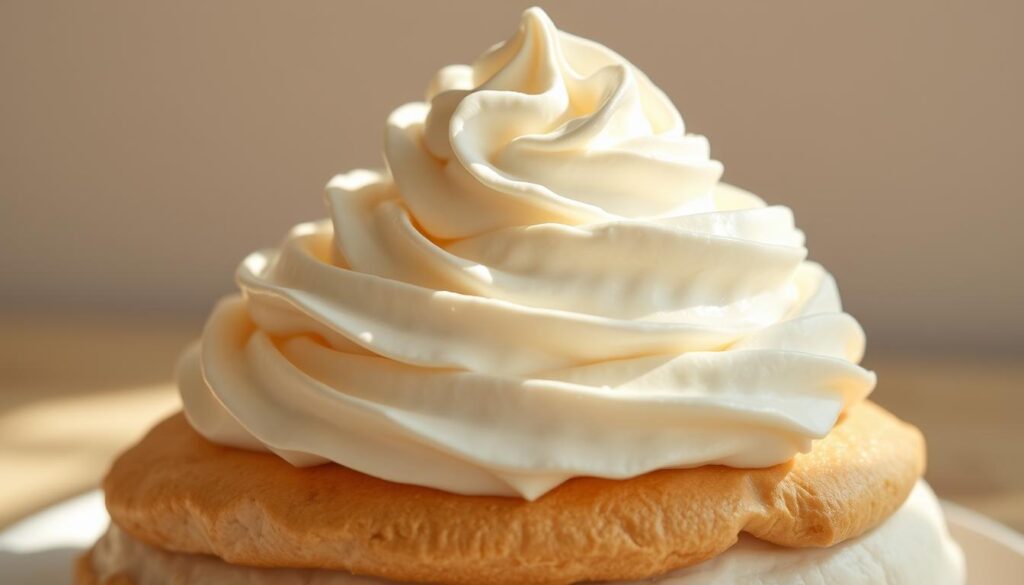 A fluffy, billowy mound of fresh whipped cream, glistening with a soft sheen and crowned with delicate swirls. The cream is thick and creamy, with a dollop resting atop a crisp, golden-brown meringue base. Soft shadows cast by the overhead lighting create depth and dimension, highlighting the textural beauty of the whipped topping. The scene is captured in a warm, natural light, with a shallow depth of field that keeps the focus on the captivating whipped cream creation. This luscious, decadent topping is the perfect finishing touch to a delightful summer berry pavlova.