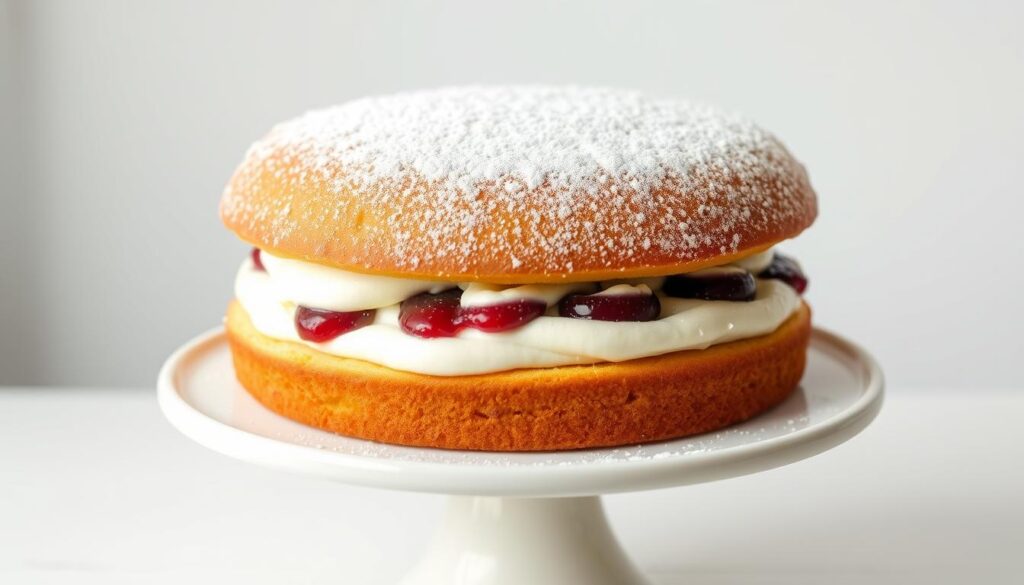 A freshly baked Victoria sponge cake, resting on a white ceramic cake stand. The light, airy cake is split into two even layers, filled with a generous spread of rich, creamy buttercream and sweet, tangy raspberry jam. The cake's golden-brown exterior is dusted with a light coating of powdered sugar, creating a delicate and visually appealing contrast. The scene is bathed in soft, natural lighting, highlighting the cake's delicate texture and inviting appearance. The background is a clean, uncluttered white, allowing the cake to be the focal point and emphasizing its classic British charm.