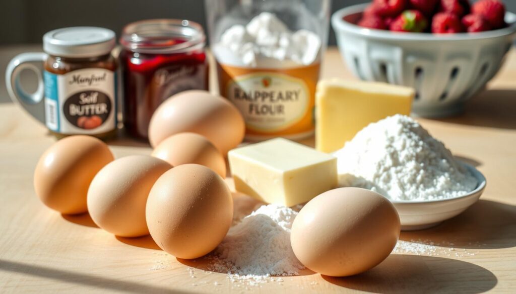 A high-resolution photograph of the classic ingredients for a Victoria Sponge Cake, neatly arranged on a light wooden table. In the foreground, fresh eggs, softened butter, and granulated sugar. In the middle ground, self-raising flour and a dusting of powdered sugar. In the background, a jar of raspberry jam and a bowl of fresh raspberries. The lighting is warm and natural, creating soft shadows and highlighting the textures of the ingredients. The overall composition is balanced and visually appealing, inviting the viewer to envision the delicious cake that can be created with these simple, high-quality components.