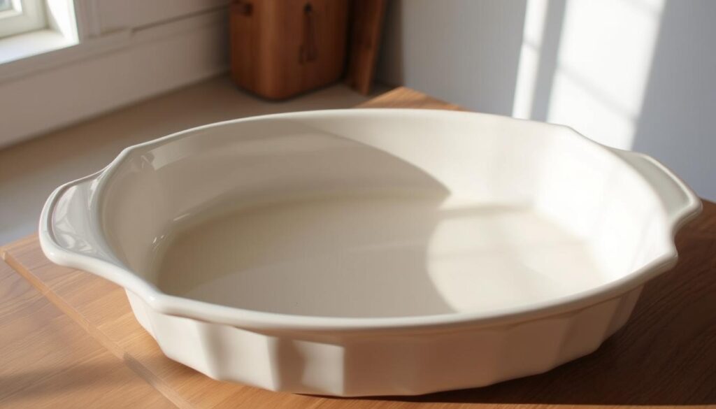 A large, high-quality ceramic baking dish in a neutral tone, such as white or light gray, placed on a wooden kitchen counter or table. The dish has a simple, elegant design with slightly flared sides and a smooth, even surface. Soft, natural lighting from a nearby window creates gentle shadows and highlights the texture of the ceramic material. The dish is the central focus of the image, with a clean, uncluttered background that allows the viewer to appreciate its form and function as a key piece of equipment for preparing delicious bread and butter pudding.