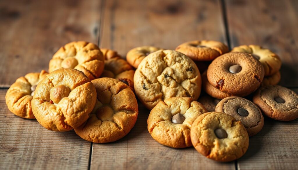 A meticulously styled still life featuring an assortment of delectable British biscuits and American cookies. Placed on a rustic wooden table, the biscuits are arranged elegantly, their golden-brown surfaces glistening under warm, softly diffused lighting. Alongside them, the American cookies stand out with their distinct round shapes and vibrant colors. The contrast between the two is highlighted, showcasing the unique textures and flavors that define this culinary divide. The composition is carefully balanced, drawing the viewer's eye to explore the subtle differences and similarities between these beloved treats. A sense of cozy, intimate atmosphere permeates the scene, inviting the viewer to imagine the perfect pairing of these delights with a soothing cup of tea.