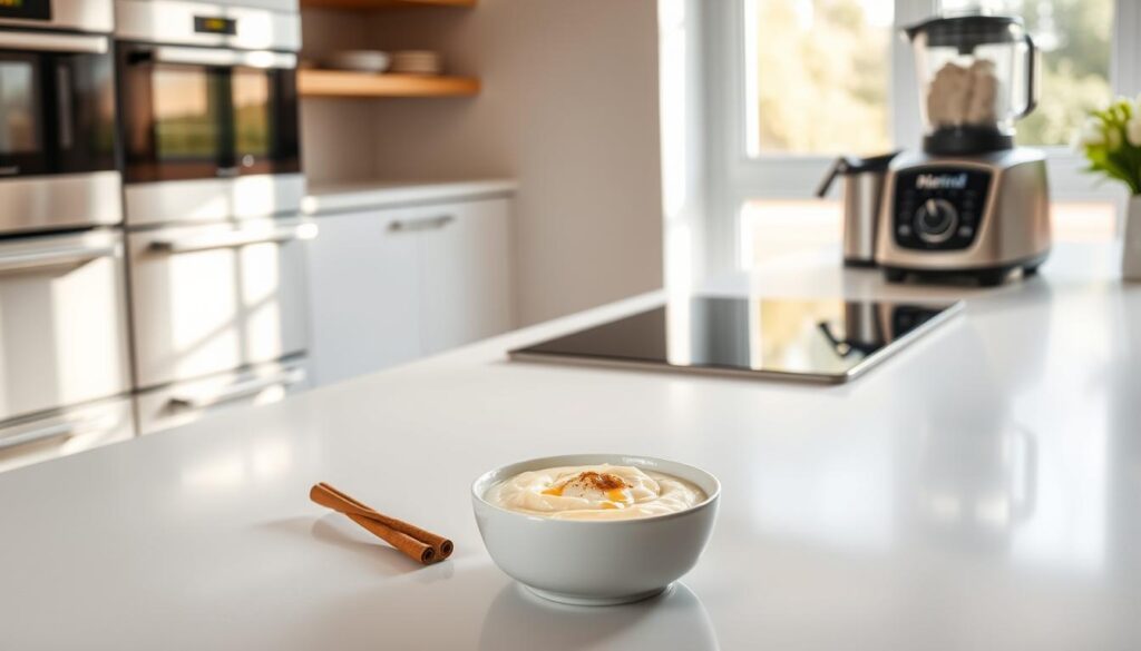A modern kitchen counter, pristine and minimalist, with a rice pudding dish in the foreground. The pudding is creamy and golden, garnished with a sprinkle of cinnamon and a drizzle of honey. Surrounding the pudding are sleek, state-of-the-art appliances - a brushed stainless steel oven, a sleek induction cooktop, and a high-powered blender. Soft, natural lighting filters in through large windows, casting a warm glow over the scene. The mood is one of comfort and simplicity, highlighting how traditional recipes can be effortlessly prepared in a modern kitchen.
