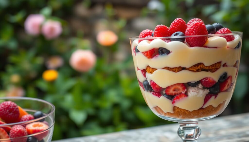 A mouthwatering British trifle dessert with vibrant layers of custard, fruit, and sponge cake. The foreground features the trifle in a clear glass bowl, showcasing the vibrant colors and textures. Soft, ambient lighting casts a warm glow, highlighting the glossy custard and juicy berries. In the middle ground, a crisp, golden-brown sponge cake base provides a sturdy foundation. The background depicts a lush, verdant garden setting, with verdant foliage and a hint of a stone wall, creating a quintessential English countryside atmosphere. The entire scene exudes a sense of homey, rustic elegance, perfectly capturing the essence of a classic British garden party.