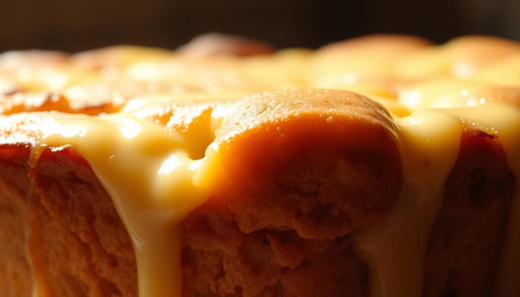 A mouthwatering close-up of a freshly baked bread and butter pudding, its golden-brown top glistening under soft, warm lighting. The thick, creamy custard sauce cascades down the sides, creating an inviting contrast against the dense, buttery bread. The scene is captured from an elevated angle, highlighting the layered texture and rich, indulgent appearance of this classic comfort dessert. Subtle shadows add depth, drawing the viewer's eye to the tempting details. The overall mood is one of cozy, homemade goodness, perfectly suited to illustrate the complete recipe for this irresistible treat.