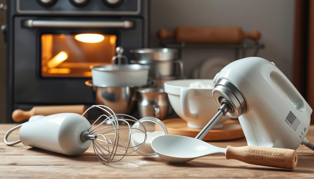 A neatly arranged collection of classic baking tools for creating a delicious Victoria sponge cake. In the foreground, a hand-mixer, whisk, and spatula rest on a wooden surface. In the middle ground, a set of nested mixing bowls, a flour sifter, and a rolling pin are carefully positioned. The background features a vintage-style oven, its warm glow illuminating the scene. The lighting is soft and diffused, creating a cozy, homey atmosphere. The overall composition suggests the timeless tradition and care involved in preparing this beloved British teatime treat.