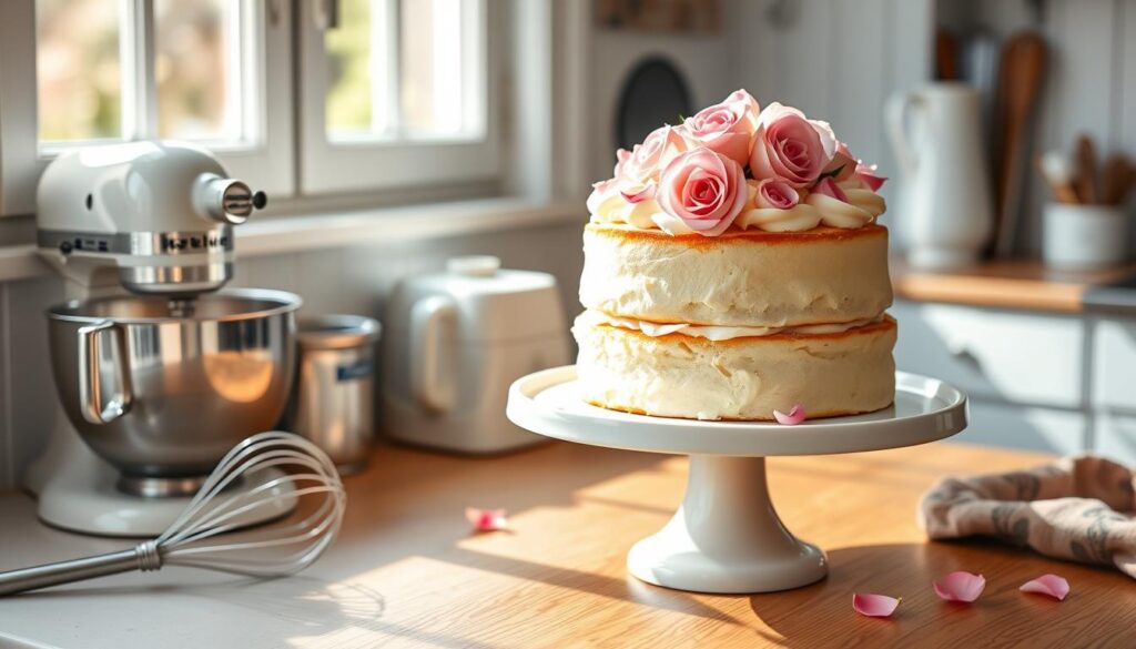 A neatly arranged kitchen counter, sunlit and welcoming, hosts a freshly baked Victoria sponge cake. The light, fluffy cake sits atop a white cake stand, its two pillowy layers sandwiched together with a generous spread of rich, creamy vanilla buttercream. Delicate pink and white roses adorn the cake, their petals cascading gracefully around the edges. Nearby, a vintage-inspired mixing bowl, whisk, and other baking utensils suggest the care and attention poured into this classic British treat. The scene evokes a sense of homely comfort and the pride of a successful baking endeavor.