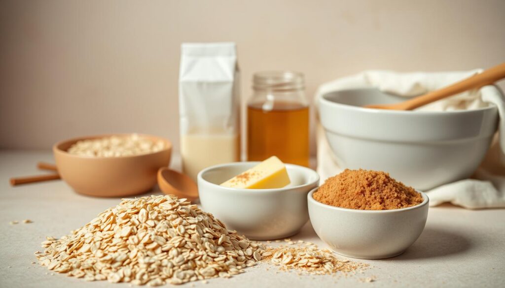 A neatly arranged still life of the essential ingredients for flapjacks without golden syrup, against a soft, neutral backdrop. In the foreground, a pile of rolled oats, a bowl of brown sugar, and a pat of butter. In the middle, a carton of milk, a jar of honey, and a sprinkling of cinnamon. In the background, a wooden spoon, a mixing bowl, and a clean kitchen towel. The lighting is warm and natural, with a slight vignette effect to draw the eye to the center of the frame. The overall mood is cozy, inviting, and homemade.