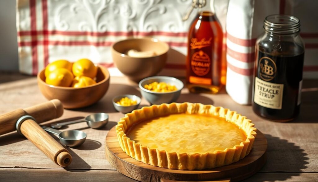 A neatly arranged still life of the essential tools and ingredients for baking a classic British treacle tart. In the foreground, a golden brown tart shell sits atop a wooden board, surrounded by a rolling pin, a set of measuring spoons, and a jar of rich, dark treacle. In the middle ground, a bowl of fragrant lemon zest and a bottle of golden syrup stand out against a backdrop of a vintage-inspired kitchen towel. The lighting is soft and natural, creating warm, inviting shadows that enhance the rustic, homemade atmosphere. The composition is balanced and visually pleasing, capturing the cozy and comforting essence of traditional British baking.