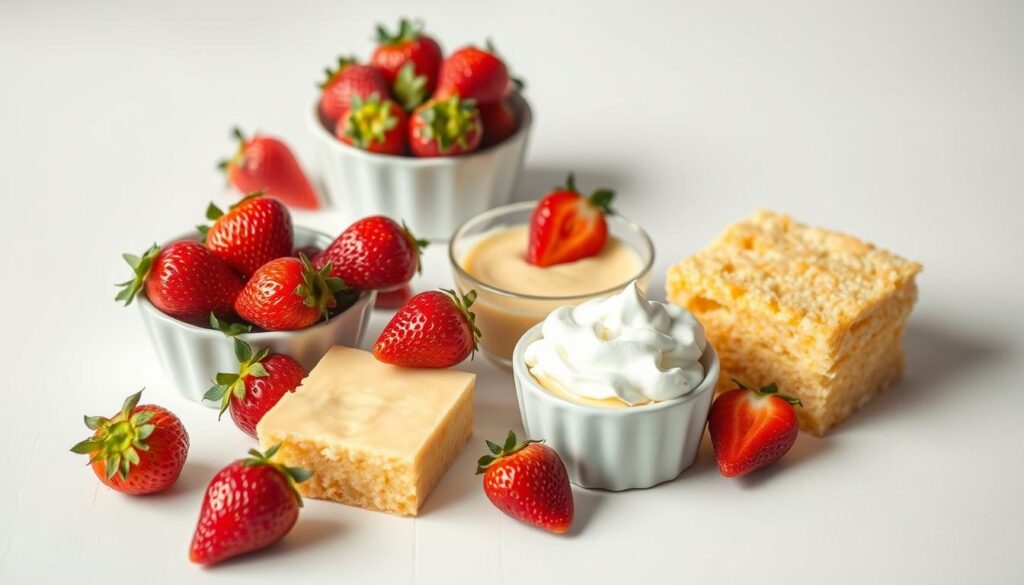 A neatly arranged still life on a crisp white table, featuring the essential ingredients for a classic British trifle: fresh strawberries, golden sponge cake, thick custard, and a dollop of rich whipped cream. The lighting is soft and natural, accentuating the vibrant colors and textures. The camera angle is slightly elevated, capturing the ingredients in an elegant, inviting composition. The mood is one of simplicity, quality, and the comforting flavors of a beloved dessert.