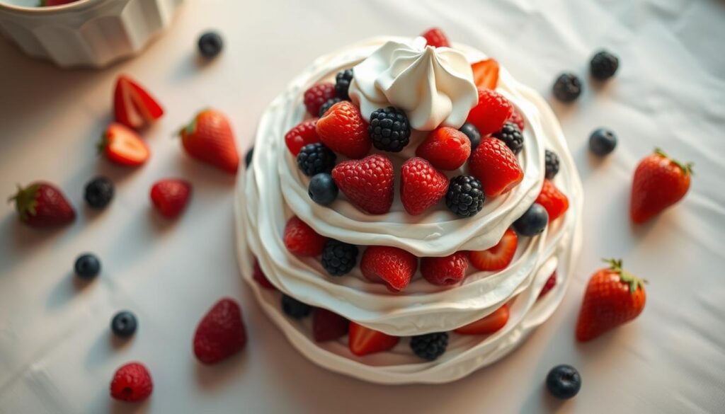 A neatly arranged table top, with a round white meringue base as the centerpiece. Delicate layers of fresh summer berries - plump raspberries, juicy blackberries, and vibrant strawberries - are artfully placed atop the meringue. A smooth, billowing mound of lightly whipped cream adorns the top, creating a soft, inviting contrast. Warm, diffused lighting casts a natural glow, highlighting the textures and colors. The composition is carefully balanced, with a sense of harmony and elegance. The overall mood is one of effortless sophistication, capturing the essence of a delightful summer dessert.