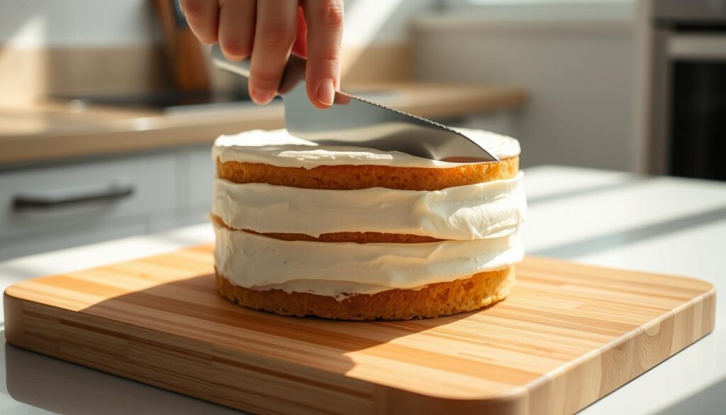 A neatly frosted Victoria sponge cake sits on a wooden cutting board, its layers delicately revealed as a hand skillfully levels them with a serrated knife. Soft natural light cascades across the scene, casting gentle shadows that accentuate the cake's soft, pillowy texture. The kitchen counter in the background is clean and uncluttered, allowing the cake to be the focal point. The overall mood is one of calm, precision, and the gentle care taken in preparing this classic British dessert.