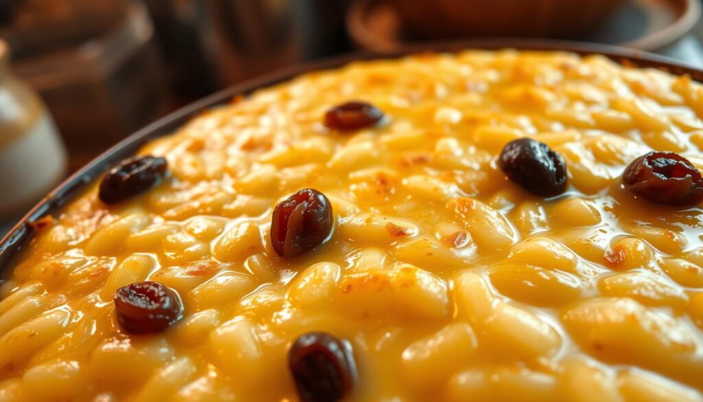 A nourishing, golden-brown oven-baked rice pudding, the creamy center gently speckled with plump, sweet raisins. Soft, pillowy grains of short-grain rice suspended in a luscious, slightly sweetened custard, crowned with a delicate caramelized surface. Warm ambient lighting casts a cozy glow, illuminating the dish's inviting texture and comforting aroma. Captured from a high angle, the pudding's glistening surface reflects the kitchen's rustic, homey details in the background. An authentic, traditional British treat, this rice pudding evokes feelings of nostalgia and simple, wholesome pleasure.