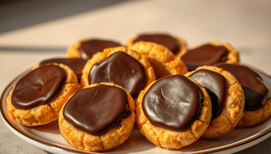 A plate of freshly baked, golden-brown biscuits, their surfaces coated in a glossy layer of rich dark chocolate. The biscuits are arranged in a visually appealing manner, with some standing upright and others slightly tilted, creating an inviting and artful composition. The lighting is warm and soft, casting gentle shadows that accentuate the texture and contours of the chocolate coating. The background is a neutral, slightly blurred surface, allowing the biscuits to be the central focus. The overall mood is one of indulgence, comfort, and the quintessential British tea time experience.