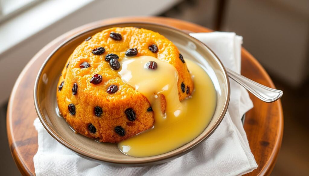 A plate of freshly baked spotted dick, a classic British steamed pudding, sits atop a small table. The golden sponge cake is dotted with dark raisins, glistening under the warm, soft lighting. A generous pool of rich, creamy custard cascades over the sides, its smooth, velvety texture contrasting with the tender crumb of the cake. The table is set with a crisp white linen napkin, and a simple spoon rests beside the dish, inviting the viewer to indulge in this quintessential comfort food. The scene exudes a sense of timeless tradition and homely charm, evoking the cozy, nostalgic atmosphere of an English country kitchen.