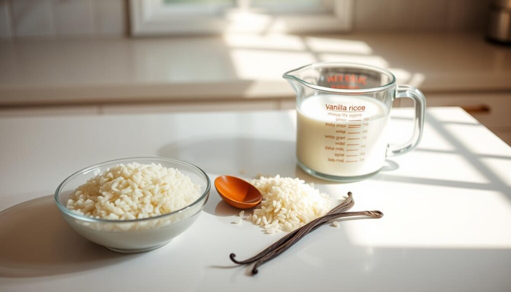 A pristine kitchen counter bathed in warm, natural light. Carefully arranged on the surface, a collection of essential ingredients for preparing classic rice pudding: a bowl of short-grain white rice, a glass measuring cup filled with whole milk, a small saucepan, a wooden spoon, and a fragrant vanilla bean. The mise en place is immaculate, each item positioned with precision, conveying a sense of culinary care and attention to detail. The overall mood is one of tranquility and anticipation, setting the stage for the creation of a comforting, homemade dish.