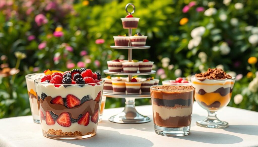 A pristine table in a lush garden, adorned with a variety of delectable trifle variations. In the foreground, a classic English trifle with layers of sponge cake, custard, and fresh berries, glistening under the warm afternoon sun. Surrounding it, an array of modern interpretations - a luscious chocolate trifle with shimmering ganache, a vibrant citrus trifle with zesty orange curd, and a decadent coffee-infused trifle with a dusting of cocoa. The middle ground features an elegant tiered stand displaying mini trifle cups, each a unique flavor profile. In the background, verdant greenery and blooming flowers create a picturesque British garden party setting, complementing the artful desserts. The lighting is soft and diffused, enhancing the delicate textures and vibrant colors of the trifle variations.