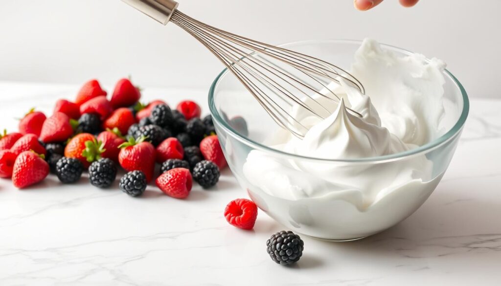 A pristine white marble countertop, its smooth surface bathed in soft, diffused natural lighting. In the foreground, a large glass mixing bowl sits atop the counter, its contents slowly whipped into glossy, voluminous peaks of meringue. The whisk, held by a skilled hand, deftly incorporates air into the egg whites, gradually transforming them into a cloud-like, billowy texture. In the middle ground, a collection of fresh summer berries - plump, juicy raspberries, vibrant strawberries, and tart blackberries - wait to be folded into the ethereal meringue. The background softly fades into a neutral, minimalist space, allowing the delicate meringue preparation to take center stage. The overall scene exudes a sense of calm, precision, and the promise of a delightful summer dessert.