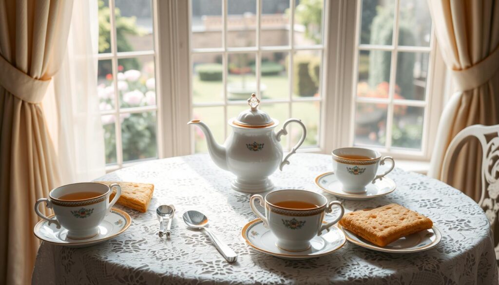 A refined Victorian-era tea table set with a lace tablecloth, delicate bone china teacups, saucers, and plates, accompanied by an assortment of freshly baked English biscuits - shortbread, digestives, and rich tea. Soft, natural lighting filters through sheer curtains, casting a warm glow over the scene. The table is positioned before a large bay window, offering a picturesque view of a quaint English garden. A teapot and small silver tongs complete the elegant, timeless composition, inviting the viewer to imagine the perfect British tea and biscuit tasting experience.