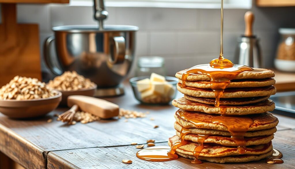 A rustic kitchen counter, bathed in warm, natural light. In the foreground, a stack of homemade flapjacks, glistening with a drizzle of golden honey instead of the traditional golden syrup. Beside them, a mixing bowl filled with a rich, oat-based batter, ready to be poured onto a well-seasoned cast-iron griddle. In the middle ground, a collection of simple, wholesome ingredients - rolled oats, brown sugar, butter, and a hint of vanilla - arranged neatly, echoing the uncomplicated elegance of the dish. The background features a clean, airy space, with minimal distractions, allowing the focus to remain on the captivating flapjack creation.